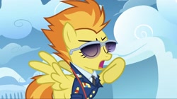 Size: 2160x1210 | Tagged: safe, imported from derpibooru, screencap, spitfire, pegasus, pony, wonderbolts academy, clothes, cloud, cloudsdale, drill sergeant, female, mare, necktie, solo, solo female, spread wings, suit, sunglasses, uniform, whistle, whistle necklace, wings, wonderbolts dress uniform