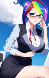 Size: 444x694 | Tagged: safe, imported from derpibooru, rainbow dash, annoyed, big breasts, blushing, breasts, business suit, busty rainbow dash, cleavage, clothes, female, glasses, huge breasts, looking at you, machine learning generated, miniskirt, novelai, skirt, solo, solo female, stable diffusion, suit