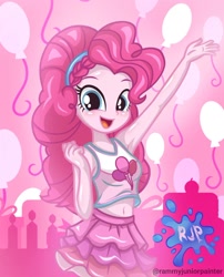 Size: 1080x1335 | Tagged: safe, artist:rjp.rammy, imported from derpibooru, pinkie pie, human, equestria girls, equestria girls series, armpits, bare shoulders, belly button, blushing, breasts, busty pinkie pie, clothes, cute, cutie mark, cutie mark on clothes, diapinkes, female, looking at you, open mouth, open smile, reasonably sized breasts, signature, sleeveless, smiling, smiling at you, solo, tanktop