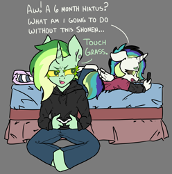 Size: 2013x2033 | Tagged: safe, artist:2hrnap, imported from ponybooru, oc, oc:gaia, oc:okie dokey loki, anthro, bed, controller, phone