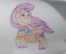 Size: 3717x3072 | Tagged: safe, artist:🧡☮️starrscout☮️🧡, imported from ponybooru, sunny starscout, earth pony, big smile, cute, g5, smiling, traditional art