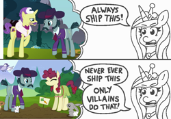 Size: 800x556 | Tagged: safe, imported from derpibooru, dandy grandeur, hilly hooffield, princess cadance, turner mccolt, alicorn, earth pony, pony, unicorn, always ship this, exploitable meme, female, gay, hooffield family, male, mare, mccolt family, meme, shipping, stallion, straight