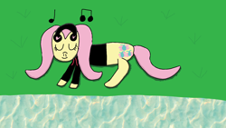 Size: 1920x1080 | Tagged: safe, artist:snowfilly, imported from twibooru, fluttershy, pegasus, pony, female, fluttershy day, headphones, image, mare, png, solo, sunbathing