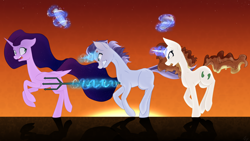 Size: 4000x2250 | Tagged: safe, artist:those kids in the corner, imported from derpibooru, oc, oc:chaos bringer, oc:silverlight, oc:stargazer, alicorn, pony, unicorn, angry, clothes, female, galloping, impending doom, magic, male, mare, rage, running, scared, shadow, shoes, stallion, sunset, telekinesis, terror, this will end in tears, trident, trio, yelling