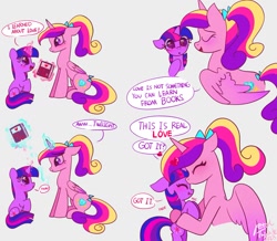 Size: 1511x1316 | Tagged: safe, artist:petaltwinkle, imported from derpibooru, princess cadance, twilight sparkle, alicorn, pony, unicorn, blushing, book, comic, cute, cutedance, dialogue, ears back, eye clipping through hair, eyes closed, female, filly, filly twilight sparkle, floppy ears, forehead kiss, gray background, height difference, holding a pony, kissing, levitation, magic, simple background, sitting, smiling, starry eyes, sweet dreams fuel, teen princess cadance, telekinesis, tongue out, twiabetes, unicorn twilight, wavy mouth, wholesome, wingding eyes, younger