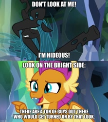 Size: 888x998 | Tagged: safe, edit, edited screencap, imported from derpibooru, screencap, ocellus, smolder, changeling, changeling queen, dragon, what lies beneath, caption, disguise, disguised changeling, dragoness, female, image macro, meme, queen chrysellus, text, truth