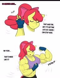 Size: 3163x4096 | Tagged: safe, artist:matchstickman, imported from derpibooru, apple bloom, anthro, earth pony, abs, apple bloom's bow, apple brawn, biceps, bow, breasts, busty apple bloom, clothes, comic, deltoids, dialogue, female, fingerless gloves, flexing, gloves, hair bow, mare, matchstickman's apple brawn series, muscles, muscular female, older, older apple bloom, pecs, simple background, solo, speech bubble, triceps, white background