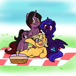 Size: 1300x1300 | Tagged: safe, artist:paperbagpony, imported from derpibooru, oc, alicorn, alicorn oc, basket, horn, horn ring, picnic, picnic basket, picnic blanket, ring, wings