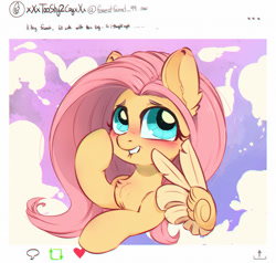 Size: 1500x1427 | Tagged: safe, artist:inkypuso, imported from derpibooru, fluttershy, pegasus, pony, blushing, bust, chest fluff, chromatic aberration, cute, ear fluff, english, feather fingers, female, grin, lip bite, looking away, mare, meta, peace sign, raised hoof, shyabetes, smiling, solo, text, three quarter view, wing hands, wings, x (platform)