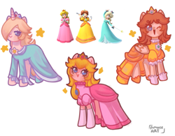 Size: 869x677 | Tagged: safe, artist:amaeeart, imported from derpibooru, earth pony, pegasus, pony, unicorn, clothes, crown, dress, jewelry, ponified, princess daisy, princess peach, princess rosalina, regalia, rosalina, simple background, super mario bros., white background