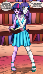 Size: 2166x3686 | Tagged: safe, artist:artemis-polara, imported from derpibooru, rarity, twilight sparkle, human, equestria girls, book, bookshelf, breasts, busty rarity, busty twilight sparkle, cleavage, clothes, commission, conjoined, dress, equestria girls interpretation, feet, fusion, golden oaks library, high heels, levitation, magic, multiple heads, nail polish, open-toed shoes, remake, scene interpretation, shoes, speech bubble, spell gone wrong, telekinesis, toenail polish, toenails, toes, two heads, two heads are better than one, we have become one