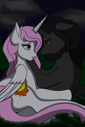 Size: 800x1200 | Tagged: safe, alternate version, artist:lullabyjak, imported from derpibooru, king sombra, princess celestia, alicorn, unicorn, caress, celestibra, female, good king sombra, heart, heart eyes, male, mirror universe, night, night sky, romantic, shipping, sky, straight, wingding eyes