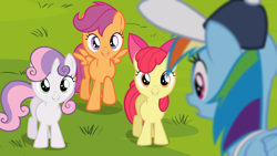 Size: 1920x1080 | Tagged: safe, imported from derpibooru, screencap, apple bloom, rainbow dash, scootaloo, sweetie belle, earth pony, pegasus, pony, unicorn, flight to the finish, season 4, apple bloom's bow, blank flank, bow, coach rainbow dash, cutie mark crusaders, female, filly, foal, hair bow, mare