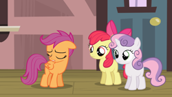 Size: 1920x1080 | Tagged: safe, imported from derpibooru, screencap, apple bloom, scootaloo, sweetie belle, earth pony, pegasus, pony, unicorn, flight to the finish, season 4, apple bloom's bow, blank flank, bow, cutie mark crusaders, eyes closed, female, filly, foal, hair bow, train station, trio