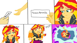 Size: 1488x838 | Tagged: safe, imported from derpibooru, flash sentry, sunset shimmer, human, equestria girls, 4chan, hissing, mr. mxyzptlk, ms paint, note, portal, zimbabwe