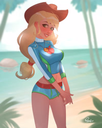 Size: 3200x4000 | Tagged: safe, artist:joe pekar, imported from derpibooru, part of a set, applejack, human, equestria girls, equestria girls series, forgotten friendship, beach, beautiful, clothes, female, geode of super strength, hat, looking at you, magical geodes, multiple variants, ocean, smiling, smiling at you, solo, swimsuit, water