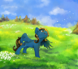 Size: 4500x4000 | Tagged: safe, artist:midnightpremiere, imported from derpibooru, oc, oc only, oc:nas, pegasus, pony, dandelion, looking at something, looking up, open mouth, outdoors, smiling, solo, spread wings, standing, wings