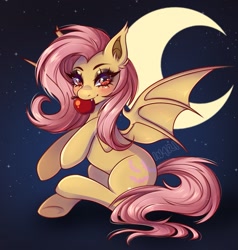 Size: 1795x1885 | Tagged: safe, artist:in4ri_, imported from derpibooru, fluttershy, bat pony, pony, apple, bat ponified, bat wings, crescent moon, flutterbat, food, looking at you, moon, race swap, signature, solo, sparkles, spread wings, stars, wings