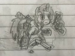 Size: 2133x1585 | Tagged: safe, artist:wowisthatleo, imported from derpibooru, oc, oc:littlepip, pony, unicorn, fallout equestria, gun, lined paper, solo, traditional art, weapon