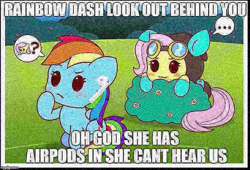 Size: 735x500 | Tagged: safe, artist:doctor-g, edit, imported from derpibooru, fluttershy, rainbow dash, airpods, bush, chibi, clothes, costume, dangerous mission outfit, deep fried meme, goggles, hoodie, imminent pounce, meme, needs more jpeg, squidward the truck's coming