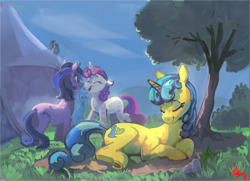 Size: 4575x3307 | Tagged: safe, artist:alumx, imported from derpibooru, lemon hearts, sea swirl, seafoam, twinkleshine, pony, unicorn, background pony, eyes closed, female, grass, lying down, mare, painting, scenery, smiling, talking, tree, trio