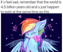 Size: 960x796 | Tagged: safe, artist:heddopen, edit, imported from derpibooru, rainbow dash, pegasus, pony, blushing, chest fluff, clothes, cute, dashabetes, ear fluff, eyes closed, female, floating heart, fluffy, happy, heart, leg fluff, mare, meme, motivational, scarf, sitting, smiling, snow, snowfall, solo, spread wings, striped scarf, wings