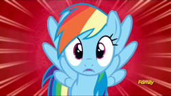 Size: 1280x720 | Tagged: safe, imported from derpibooru, screencap, rainbow dash, pegasus, pony, 28 pranks later, season 6, discovery family, discovery family logo, female, logo, mare, solo, spread wings, wings