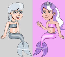Size: 1119x976 | Tagged: safe, artist:ocean lover, imported from derpibooru, diamond tiara, silver spoon, human, mermaid, adorabullies, bandeau, bare shoulders, belly, belly button, blue eyes, braid, bully, child, colored background, cute, duo, duo female, ear piercing, earring, evil grin, female, fins, fish tail, glasses, gray background, grin, hair braid, human coloration, humanized, jewelry, kids, lidded eyes, light skin, looking at you, mermaid tail, mermaidized, mermay, moderate dark skin, ms paint, necklace, open mouth, pearl necklace, piercing, purple background, purple eyes, simple background, sitting, smiling, smirk, species swap, spoiled brat, tail, tiara