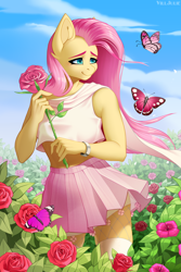 Size: 1000x1500 | Tagged: safe, artist:villjulie, imported from derpibooru, fluttershy, anthro, butterfly, clothes, cute, female, flower, flower field, looking away, outdoors, rose, short shirt, shyabetes, skirt, smiling, solo, turned head, windswept mane, wingless, wingless anthro, wristband