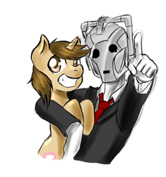 Size: 524x558 | Tagged: safe, artist:cybermananon, imported from derpibooru, oc, oc only, oc:cybermananon, oc:sweet cheeks, android, cyberman, pony, robot, unicorn, arm around neck, clothes, doctor who, duo, duo male, embrace, grin, holding a pony, hug, humanoid, looking at you, male, necktie, pointing, simple background, slenderman, smiling, suit, vghs, white background