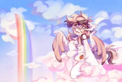 Size: 2048x1365 | Tagged: safe, artist:vanilla-chan, imported from derpibooru, oc, oc only, pegasus, pony, cloud, commission, glasses, on a cloud, open mouth, rainbow, rainbow waterfall, sitting, sitting on a cloud, solo, spread wings, wings