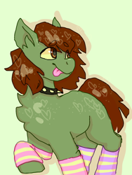 Size: 768x1024 | Tagged: safe, artist:mossybranch, derpibooru exclusive, imported from derpibooru, oc, oc only, oc:mossy branch, earth pony, pony, arm warmers, chest fluff, clothes, collar, simple background, socks, solo, spiked collar, striped socks