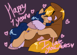 Size: 560x400 | Tagged: safe, artist:2k.bugbytes, imported from derpibooru, oc, oc only, oc:acres, oc:flash reboot, earth pony, pony, unicorn, animated, anniversary, anniversary art, cuddling, female, floating heart, grin, heart, holding each other, male, mare, oc x oc, purple background, shipping, simple background, smiling, stallion, straight, tongue out, unshorn fetlocks