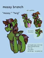 Size: 768x1024 | Tagged: safe, artist:mossybranch, derpibooru exclusive, imported from derpibooru, oc, oc only, oc:mossy branch, pegasus, pony, chest fluff, clothes, coat, collar, hat, nonbinary, ponytail, reference sheet, scarf, simple background, solo, witch hat