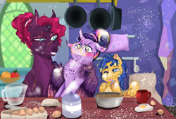 Size: 2200x1500 | Tagged: safe, artist:miyalaflordorada, imported from derpibooru, flash sentry, tempest shadow, twilight sparkle, alicorn, pegasus, pony, unicorn, alternate hairstyle, baking, bisexual, blushing, broken horn, chest fluff, claws, commission, egg (food), female, flashlight, floppy ears, flour, flustered, food, glasses, hair bun, horn, kitchen, lesbian, male, mare, one eye closed, polyamory, round glasses, scar, shipping, stallion, straight, tempestflashlight, tempestlight, tempestsentry, trio, twilight sparkle (alicorn), twilight's castle, twitterina design, wing claws, wings