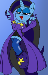 Size: 1336x2048 | Tagged: safe, artist:tenebrousmelancholy, imported from derpibooru, trixie, anthro, undead, unguligrade anthro, unicorn, vampire, boots, breasts, busty trixie, claws, clothes, digital art, dress, eyeshadow, fangs, female, floating, levitation, magic, makeup, shoes, simple background, stockings, telekinesis