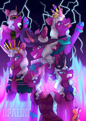 Size: 1433x2000 | Tagged: safe, artist:javierespi2003, imported from derpibooru, opaline arcana, sunny starscout, alicorn, pony, spoiler:g5, spoiler:my little pony: tell your tale, spoiler:tyts01e50, clothes, collar, crown, dress, evil grin, female, fire, g5, grin, hat, jewelry, lightning, mare, my little pony: tell your tale, opaline alone, open mouth, open smile, regalia, sharp teeth, shoulder pads, smiling, sunglasses, teeth, toy, wing ears, wings