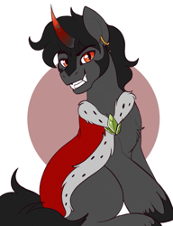 Size: 729x950 | Tagged: safe, artist:lulubell, imported from derpibooru, king sombra, pony, unicorn, alternate hairstyle, brooch, cape, clothes, ear piercing, earring, evil grin, grin, jewelry, male, piercing, robe, smiling, sombra's cape, sombra's robe, stallion