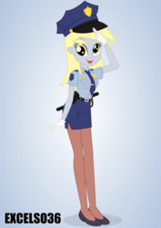 Size: 661x935 | Tagged: safe, artist:excelso36, imported from derpibooru, derpy hooves, human, equestria girls, clothes, gloves, humanized, necktie, police officer, police uniform, salute, sexy, shoes, simple background, solo, stockings, thigh highs