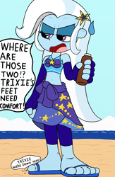 Size: 1336x2048 | Tagged: safe, artist:tenebrousmelancholy, imported from derpibooru, trixie, human, equestria girls, annoyed, barefoot, beach, clothes, digital art, feet, female, giantess, leggings, macro, macro/micro, micro, oil, sandals, sarong, shrunk, size difference, text, tight clothing, tiny, toes, unaware