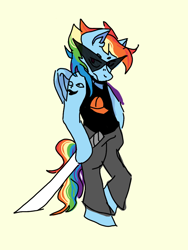 Size: 768x1024 | Tagged: safe, derpibooru exclusive, imported from derpibooru, rainbow dash, pegasus, semi-anthro, clothes, dirk strider, female, homestuck, hoof hold, katana, mare, multicolored hair, pants, rainbow hair, shirt, simple background, sword, weapon