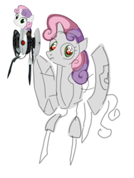 Size: 768x1024 | Tagged: safe, artist:mossybranch, derpibooru exclusive, imported from derpibooru, sweetie belle, object pony, original species, robot, unicorn, crossover, not salmon, ponified, portal (valve), sentry turret, simple background, sketch, solo, sweetie bot, turret, wat, white background