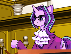 Size: 961x726 | Tagged: safe, artist:mossybranch, derpibooru exclusive, imported from derpibooru, starlight glimmer, pony, unicorn, ace attorney, alternate hairstyle, clothes, courtroom, glasses, jabot, miles edgeworth, prosecutor, round glasses, ruff (clothing), solo, suit, two toned mane