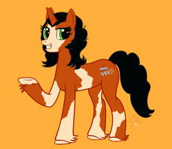 Size: 2839x2448 | Tagged: safe, artist:firehearttheinferno, imported from derpibooru, oc, oc only, oc:maize dancer, gypsy vanner, pony, unicorn, black hair, coat markings, commission, cute, fallout equestria oc, female, gift art, green eyes, grin, hooves, horn, mare, raised hoof, simple background, smiling, solo, white hooves, wind chime