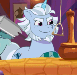 Size: 740x720 | Tagged: safe, imported from derpibooru, screencap, pony, unicorn, spoiler:g5, spoiler:my little pony: tell your tale, spoiler:tyts01e20, alphabetes, alphabittle blossomforth, animated, blinking, butt shake, cleaning, cocktail shaker, counter, cropped, crystal tea room, cute, freckles, g5, gif, male, my little pony: tell your tale, one trick pony (episode), rufus, shaking, smiling, solo focus, stallion, vibing, youtube link