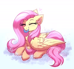 Size: 2048x1908 | Tagged: safe, artist:confetticakez, imported from derpibooru, fluttershy, pegasus, pony, blushing, chest fluff, colored pinnae, cute, daaaaaaaaaaaw, ear fluff, eating, eating flower, eyes closed, female, floating heart, flower, folded wings, heart, herbivore, hoof fluff, horses doing horse things, lying down, mare, mouth hold, prone, shyabetes, simple background, solo, sweet dreams fuel, three quarter view, weapons-grade cute, white background, wings