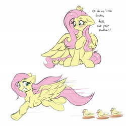 Size: 2048x2048 | Tagged: safe, artist:confetticakez, imported from derpibooru, fluttershy, bird, duck, pegasus, pony, blushing, chest fluff, critter magnet, cute, duckling, female, floppy ears, fluttermom, gritted teeth, mare, running, shyabetes, simple background, spread wings, teeth, wheel o feet, white background, wings