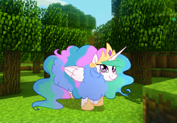 Size: 1227x854 | Tagged: safe, artist:kannakiller, imported from derpibooru, princess celestia, alicorn, pony, sheep, awww, chikicelestia, crown, cute, cutelestia, daaaaaaaaaaaw, female, horn, jewelry, looking at you, meme, minecraft, princess, regalia, smiling, smiling at you, solo, tail, wings