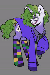 Size: 1276x1914 | Tagged: safe, artist:mxmx fw, imported from derpibooru, pony, unicorn, batman, clothes, clown, curly hair, dc comics, gray background, joker, makeup, ponified, scar, simple background, socks, solo, striped socks, the dark knight, the joker