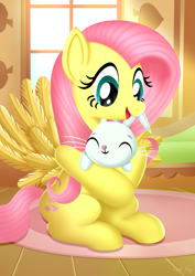 Size: 2480x3508 | Tagged: safe, artist:leonkay, imported from derpibooru, angel bunny, fluttershy, pegasus, pony, rabbit, animal, cute, duo, duo male and female, eyes closed, female, fluttershy's cottage (interior), high res, hug, indoors, looking at someone, male, mare, open mouth, open smile, shyabetes, sitting, smiling, spread wings, wings